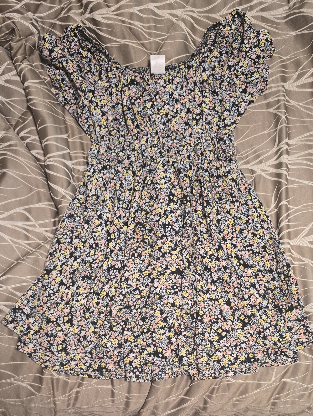 Girls Floral Smocked Waist Dress - Navy with Pink & Yellow Flowers